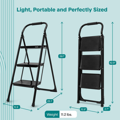 3-Step Folding Step Ladder With Wide Anti-Slip Pedal & Handrail – Sturdy Steel, Lightweight & Portable Step Stool For Home & Office Use (White)
