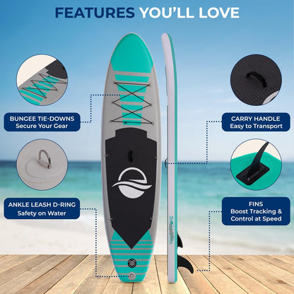 Inflatable Paddle Board - Stable Non-Slip Deck, 10'6", PVC, Teal