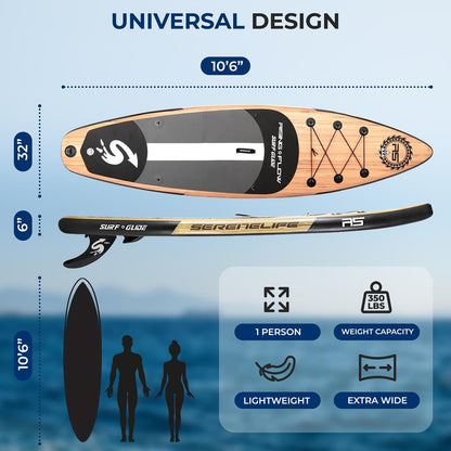 Inflatable Paddle Board - Stable Non-Slip Deck, 10'6", Wood Finish