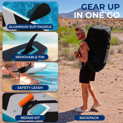 Free-Flow Stand-Up Paddle-Board - Woven Drop-Stitch And Double Layer Side Inflatable Sup With Double-Action Hand Pump, 3-Shaft Aluminum Paddle, Leash, Fin, Repair Kit, And Backpack (Black)