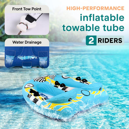 Inflatable Towable Tube for 2, Fast Inflation, Heavy-Duty PVC, Blue
