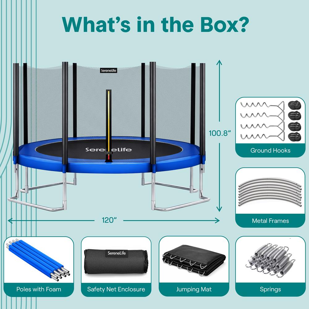 10FT Outdoor Trampoline, Safe Jumping, Reinforced Mat, Blue – Pyle USA