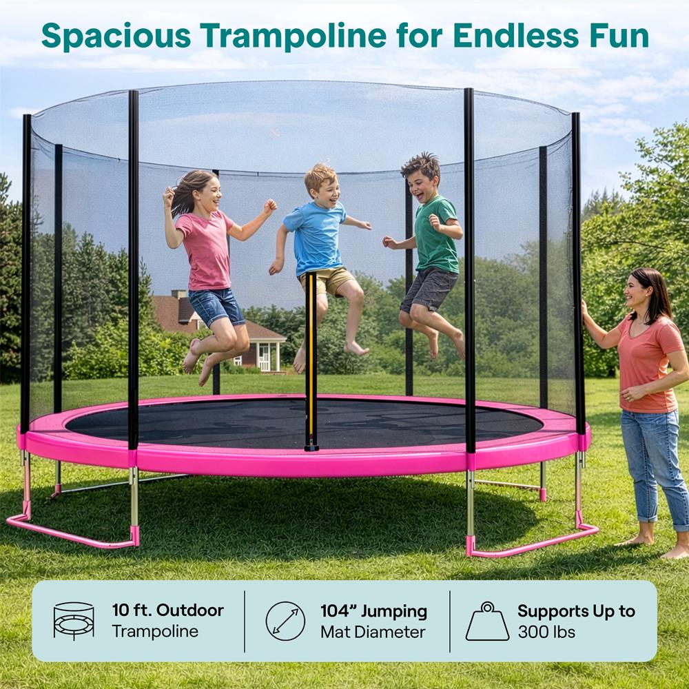 10FT Outdoor Trampoline, Safe Jumping, Reinforced Mat, Pink – Pyle USA