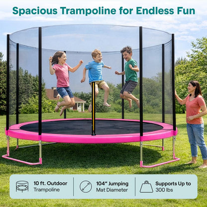 10FT Outdoor Trampoline, Safe Jumping, Reinforced Mat, Pink