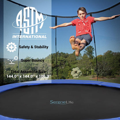 12FT Outdoor Trampoline - Safe Jumping, Reinforced Mat, Blue