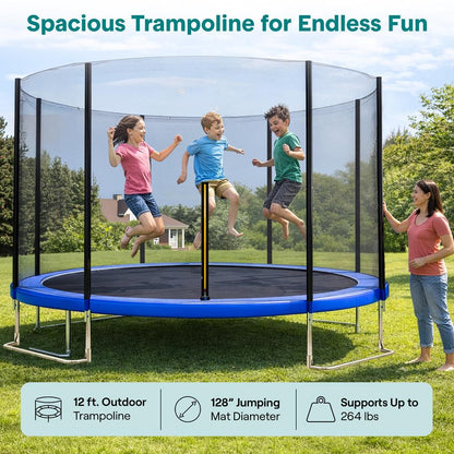 12FT Outdoor Trampoline - Safe Jumping, Reinforced Mat, Blue