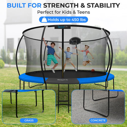 14FT Outdoor Trampoline for Kids - Safe Design, Basketball Hoop, Blue