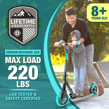 Kick Scooter for Teens & Adults, Smooth Ride, Alloy Deck, Aqua