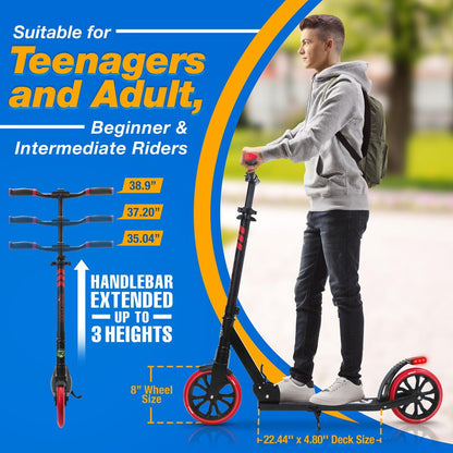 Foldable Kick Scooter for Teens & Adults, Smooth Wheels, Alloy Deck, Red