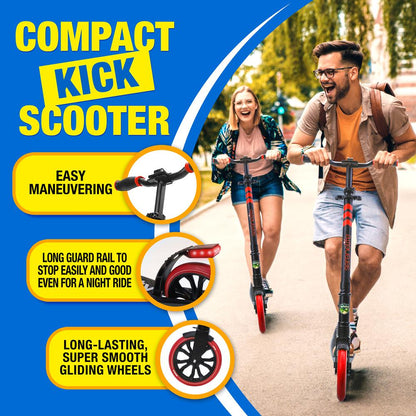 Foldable Kick Scooter for Teens & Adults, Smooth Wheels, Alloy Deck, Red