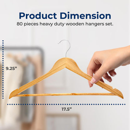 Wooden Hangers 80-Pack, Heavy Duty, 360¬∞ Swivel Hook, Natural Wood