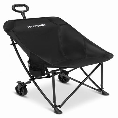 Serenelife Wheeled Cart Chair, Supports Weight Up To 220 Lbs. With Detachable Pillow, Locking Wheel Brake, Cup Holder And Carrying Bag Perfect For Camping Trips & Outdoor Gatherings (Black)