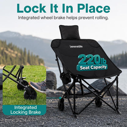 Serenelife Wheeled Cart Chair, Supports Weight Up To 220 Lbs. With Detachable Pillow, Locking Wheel Brake, Cup Holder And Carrying Bag Perfect For Camping Trips & Outdoor Gatherings (Black)