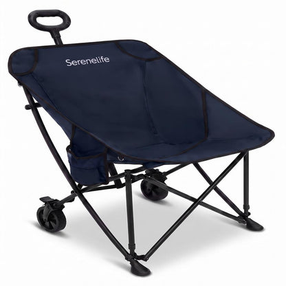 Serenelife Wheeled Cart Chair, Supports Weight Up To 220 Lbs. With Detachable Pillow, Locking Wheel Brake, Cup Holder And Carrying Bag Perfect For Camping Trips & Outdoor Gatherings (Blue)