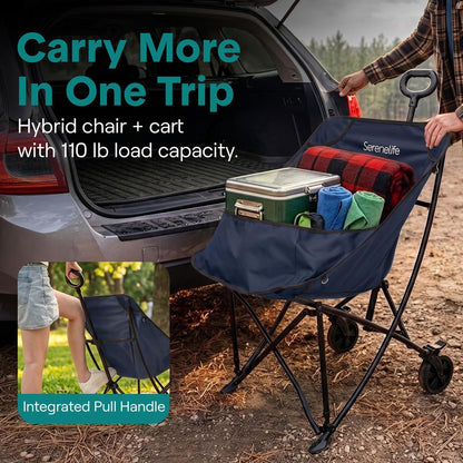Serenelife Wheeled Cart Chair, Supports Weight Up To 220 Lbs. With Detachable Pillow, Locking Wheel Brake, Cup Holder And Carrying Bag Perfect For Camping Trips & Outdoor Gatherings (Blue)
