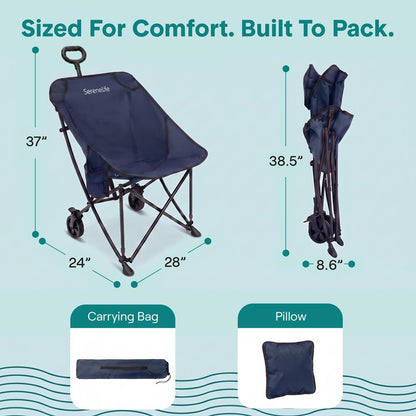 Serenelife Wheeled Cart Chair, Supports Weight Up To 220 Lbs. With Detachable Pillow, Locking Wheel Brake, Cup Holder And Carrying Bag Perfect For Camping Trips & Outdoor Gatherings (Blue)