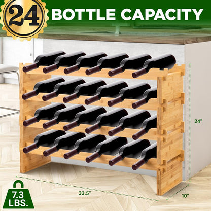 Bamboo Wine Rack 24-Bottle Capacity Wobble-Free Modular Natural Finish