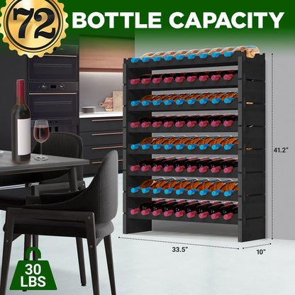 Bamboo Wine Rack 72-Bottle Capacity, Stackable 8-Tier, Easy Assembly