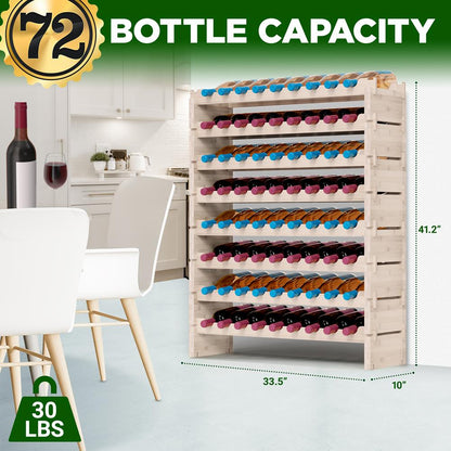Bamboo Wine Rack 72-Bottle Capacity, Stackable, No Tools, White