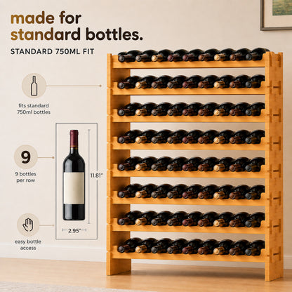 Stackable Wine Rack 72-Bottle Capacity Bamboo Modular Display Shelf