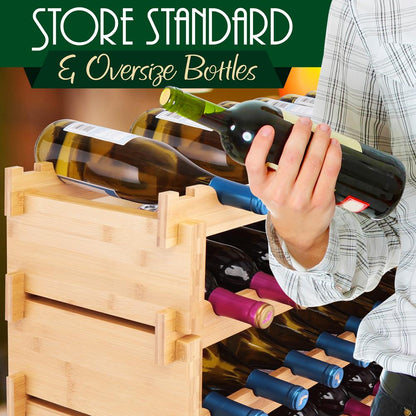 Stackable Wine Rack 72-Bottle Capacity Bamboo Modular Display Shelf