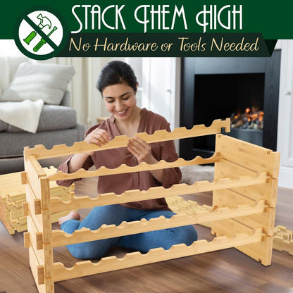 Stackable Wine Rack 72-Bottle Capacity Bamboo Modular Display Shelf