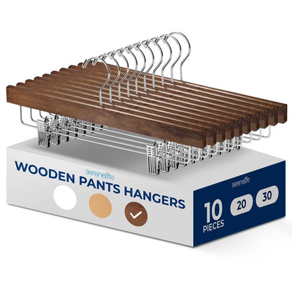 Wooden Pants Hangers 10 Pack, Non-Slip Clips, Retro Brown