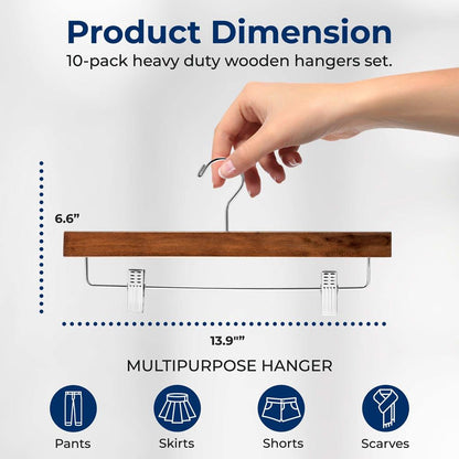 Wooden Pants Hangers 10 Pack, Non-Slip Clips, Retro Brown