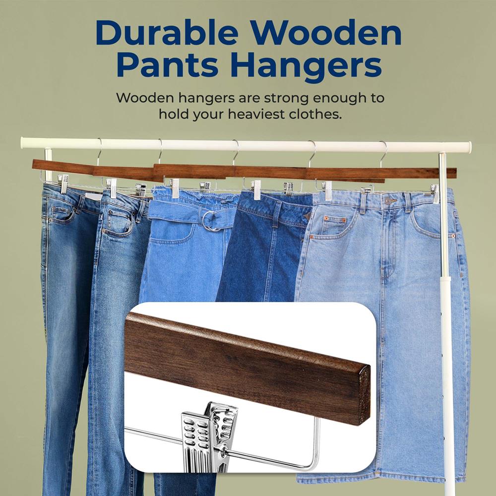 Wooden Pants Hangers 20 Pack, Non-Slip Clips, 360° Swivel, Retro Brown - Thumbnail 3