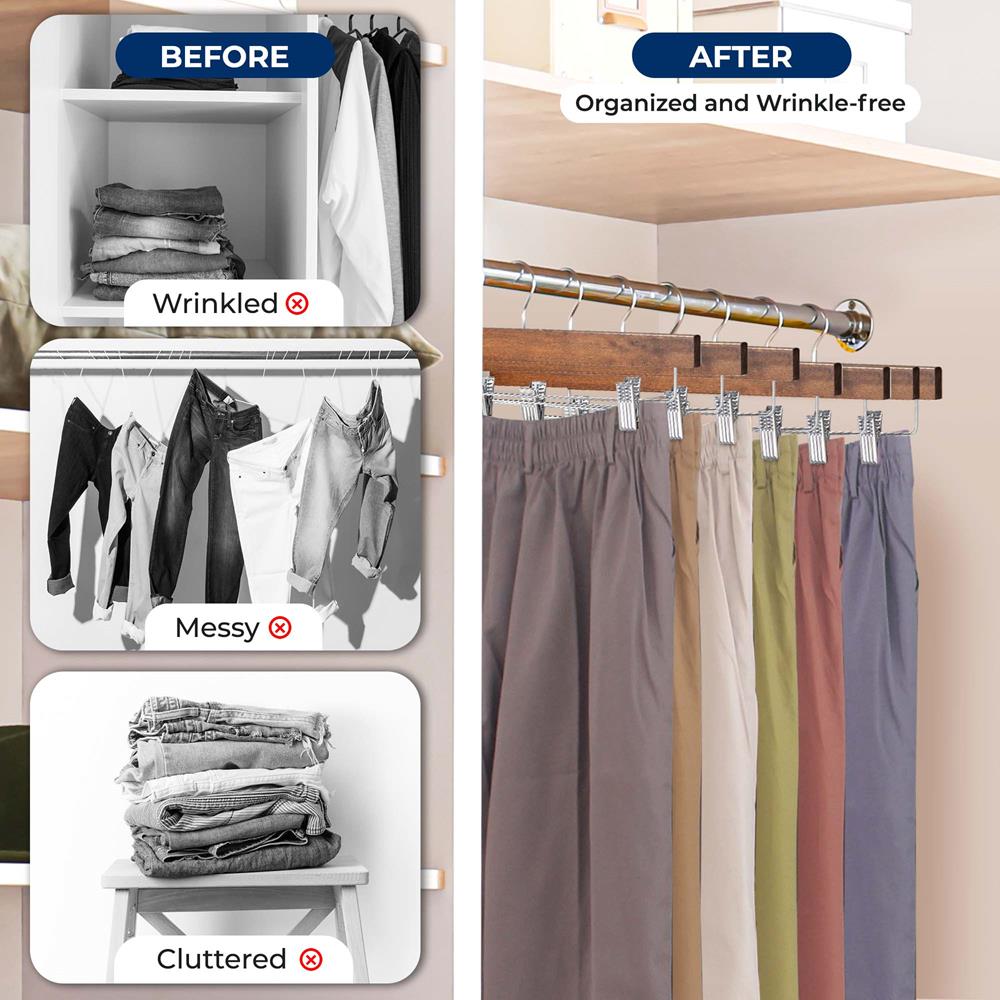 Wooden Pants Hangers 20 Pack, Non-Slip Clips, 360° Swivel, Retro Brown - Thumbnail 5
