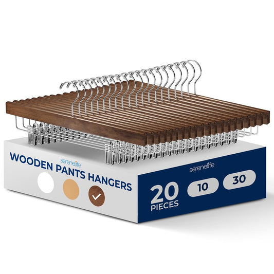 Wooden Pants Hangers 20 Pack, Non-Slip Clips, 360¬∞ Swivel, Retro Brown
