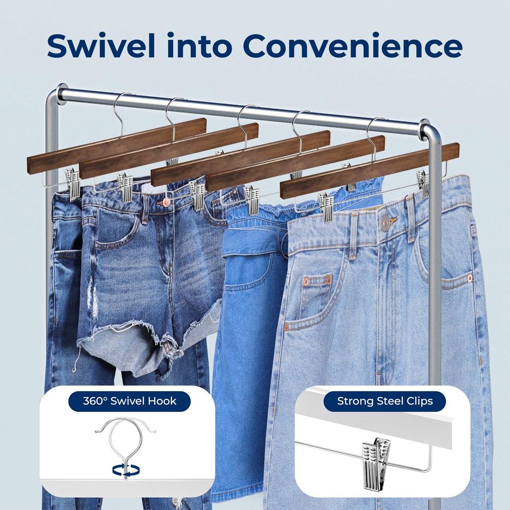 Wooden Pants Hangers 20 Pack, Non-Slip Clips, 360° Swivel, Retro Brown