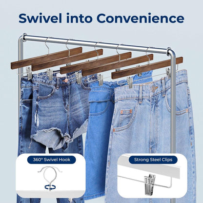 Wooden Pants Hangers 20 Pack, Non-Slip Clips, 360¬∞ Swivel, Retro Brown