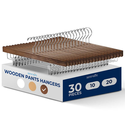 Wooden Pants Hangers 30 Pack - Non-Slip Clips, Swivel Hook, Retro Brown