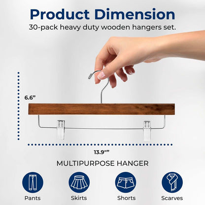 Wooden Pants Hangers 30 Pack - Non-Slip Clips, Swivel Hook, Retro Brown