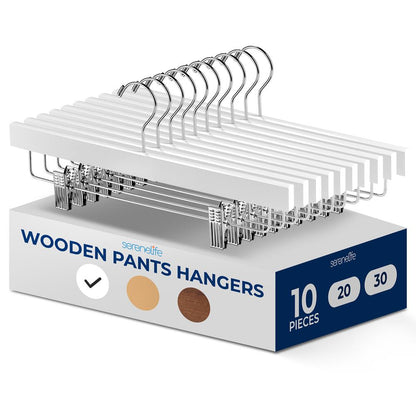 10 Pack Wooden Pants Hangers - Heavy Duty, Adjustable Clips, White