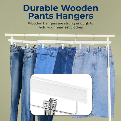 10 Pack Wooden Pants Hangers - Heavy Duty, Adjustable Clips, White