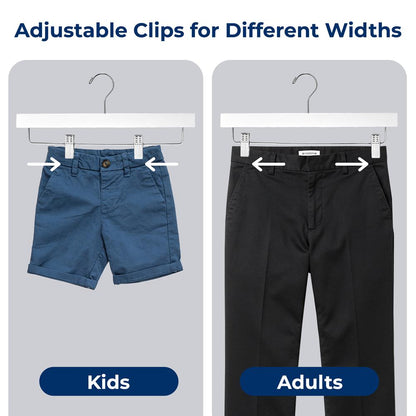 10 Pack Wooden Pants Hangers - Heavy Duty, Adjustable Clips, White