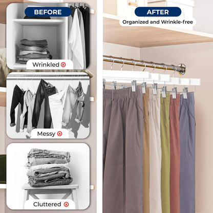 10 Pack Wooden Pants Hangers - Heavy Duty, Adjustable Clips, White