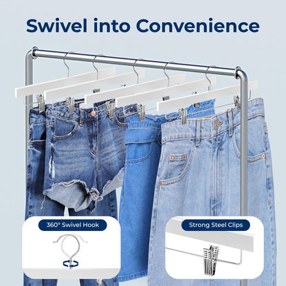 10 Pack Wooden Pants Hangers - Heavy Duty, Adjustable Clips, White