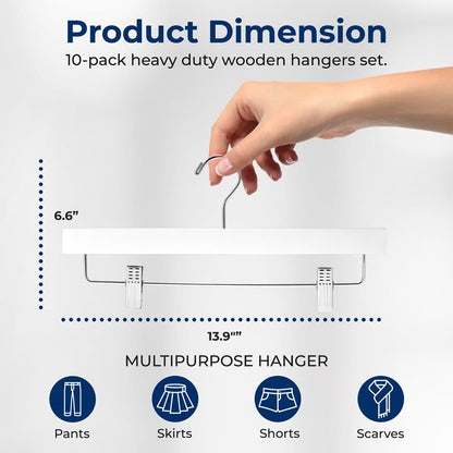 10 Pack Wooden Pants Hangers - Heavy Duty, Adjustable Clips, White