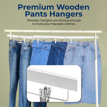20 Pack Wooden Pants Hangers - Non-Slip Clips, 360° Swivel Hook, White