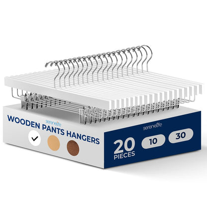 20 Pack Wooden Pants Hangers - Non-Slip Clips, 360° Swivel Hook, White