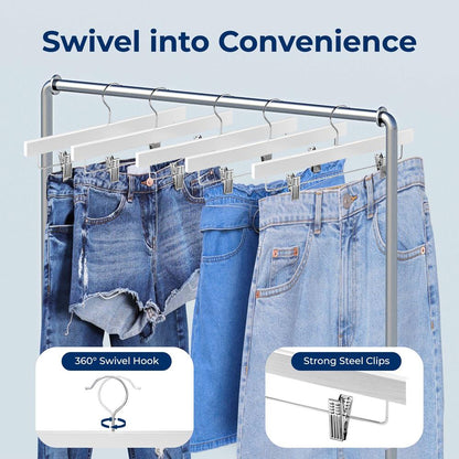 20 Pack Wooden Pants Hangers - Non-Slip Clips, 360° Swivel Hook, White