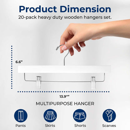 20 Pack Wooden Pants Hangers - Non-Slip Clips, 360° Swivel Hook, White