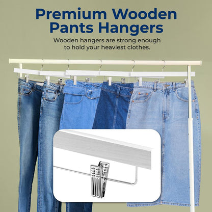 Wooden Pants Hangers 30-Pack, Non-Slip Clips, 360¬∞ Swivel Hook, White