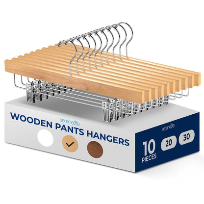 10 Pack Wooden Pant & Skirt Hangers - Non-Slip Clips, Natural Wood