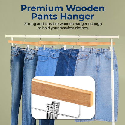 10 Pack Wooden Pant & Skirt Hangers - Non-Slip Clips, Natural Wood