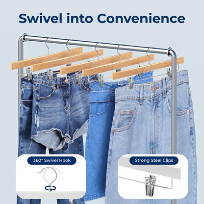 10 Pack Wooden Pant & Skirt Hangers - Non-Slip Clips, Natural Wood