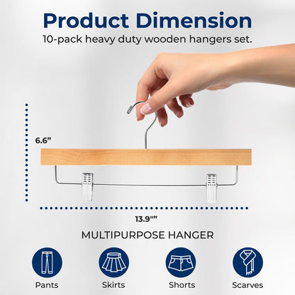 10 Pack Wooden Pant & Skirt Hangers - Non-Slip Clips, Natural Wood